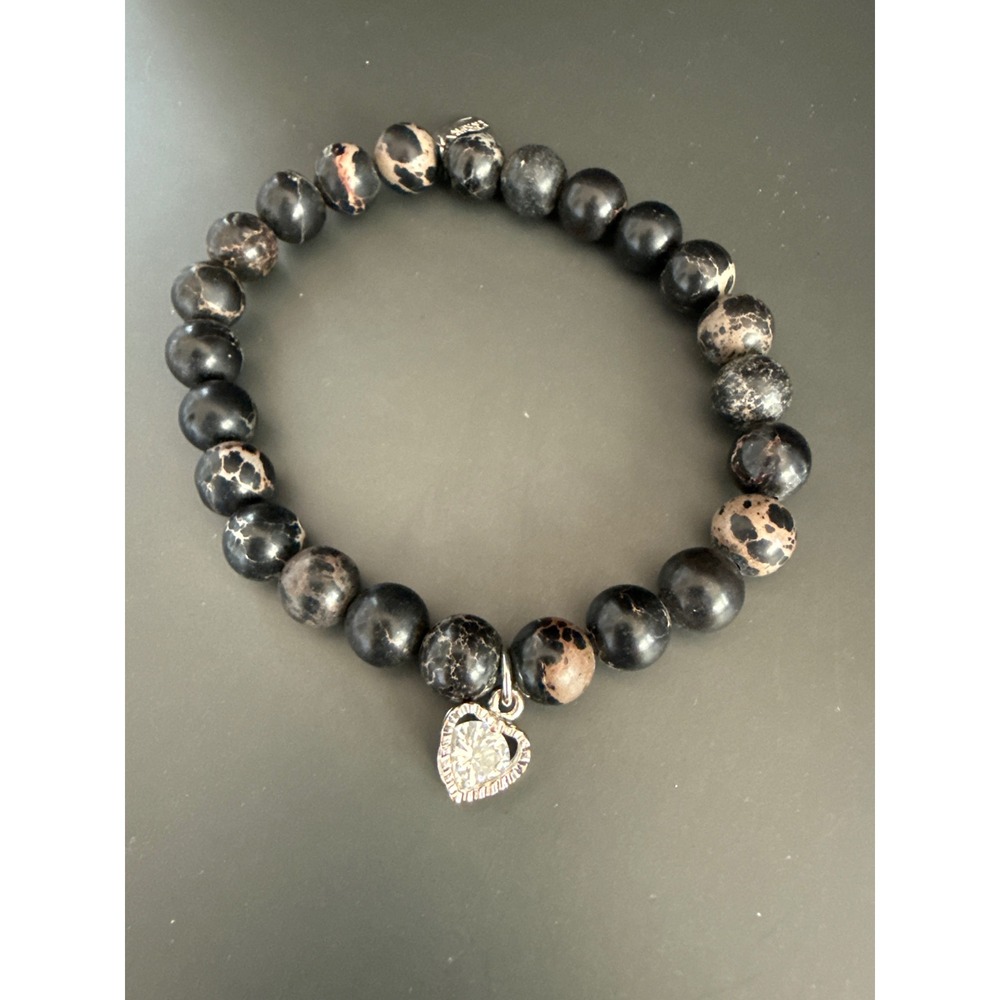 Alexas Angels Black Brown Jasper Beaded Stretch Bracelet Silver Heart Charm